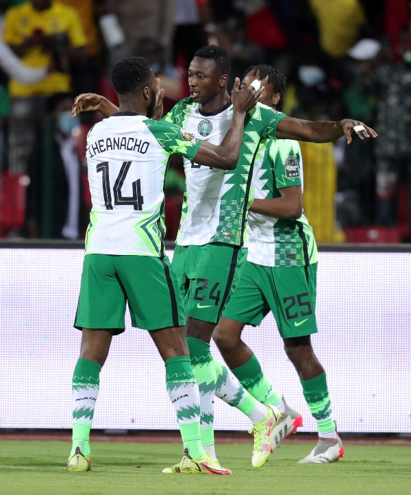 Sadiq Umar celebrates his goal with strike partner Kelechi Iheanacho