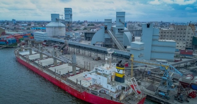 The ship conveying Dangote clinker from the Export Terminal at the weekend