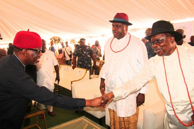 Delta Governor, Senator Dr. Ifeanyi Okowa exchanging pleasantries with his predecessor, Dr. Emmanuel Uduaghan