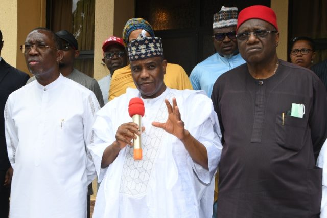 Governor of Sokoto State and a PDP, Alhaji Aminu Tanbual, responding to questions from Journalists
