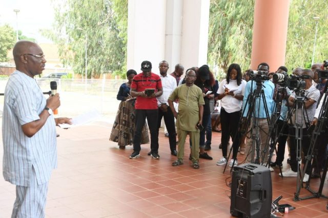 The Chief Press Secretary to Governor Ifeanyi Okowa, Mr. Olisa Ifeajika, briefing Journalists shortly after the State weekly EXCO meeting held in Government House on Tuesday. PIX ENARUSAI BRIPIN