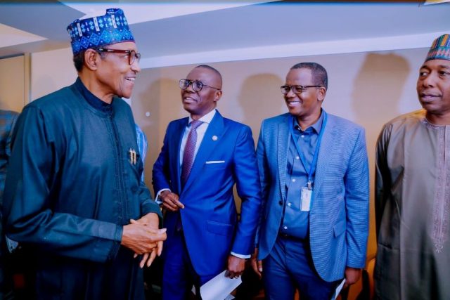 President Muhammadu Buhari with Lagos State Governor Babajide Sanwo-0lu yesterday at a strategic meeting with other members of his delegation ahead of the 77th UNGA in New York.