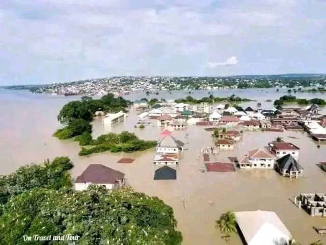 Houses and roads swallowed by flood water