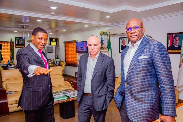 Rev. Pam hosts to the Israeli Ambassador to Nigeria, H.E Mr Michael Freeman and Onyema in his office in Abuja