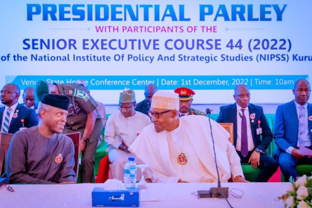 President Buhari with Vice President Yemi Osinbajo parley with Participants of Senior Executive Course 44 of the NIPSS, Kuru.