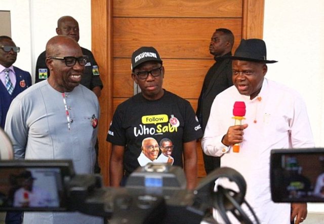 Governors Diri, Obaseki address the press in in Owa-Alero, Delta State