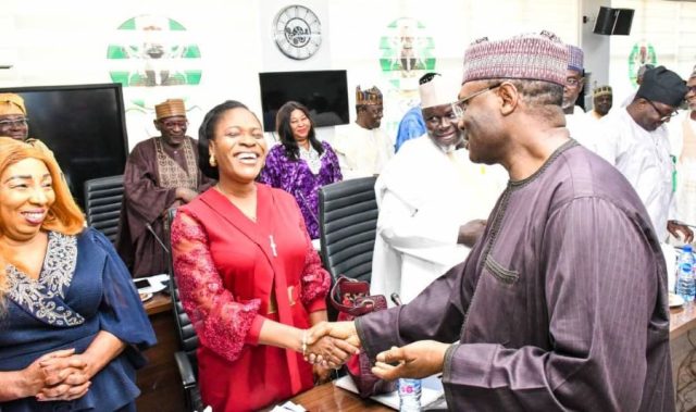 INEC Chairman, Prof. Mahmood Yakubu with REC, Imo State, Sylvia Uchenna Agu
