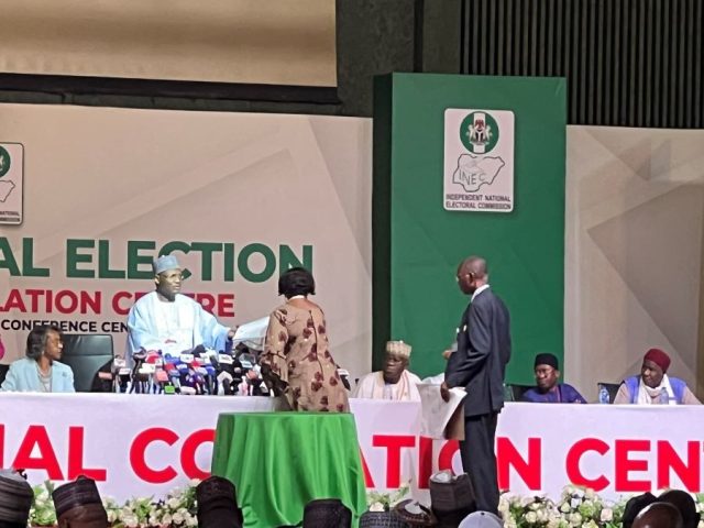 The Gombe State Presidential Election results presented to INEC Chairman Prof. Yakubu by State's returning officer