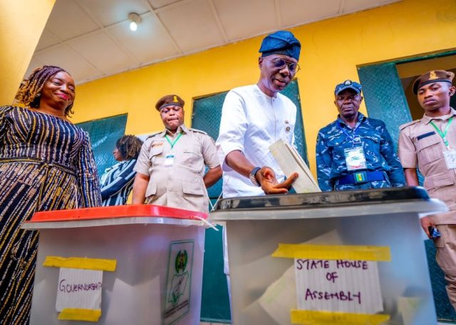 Lagos State Governor, Mr. Babajide Sanwo-Olu, on Saturday cast his vote in the governorship and state assembly election