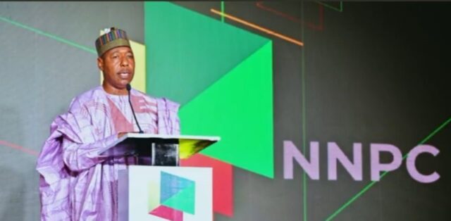 Borno State Governor Prof. Babagana U. Zulum speaks during the flag-off of Wadi-B drilling campaign in Tuba Community, Jere LGA