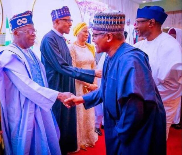 President of Dangote Group, Aliko Dangote greets Nigeria's new President, Bola Ahmed Tinubu at Inauguration