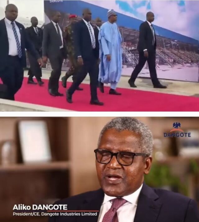 Top-President Muhammadu Buhari Ariives for the Commissioning of the Dangote Refinery. Bottom-Aliko Dangote, the billionaire who built Africa's largest refinery