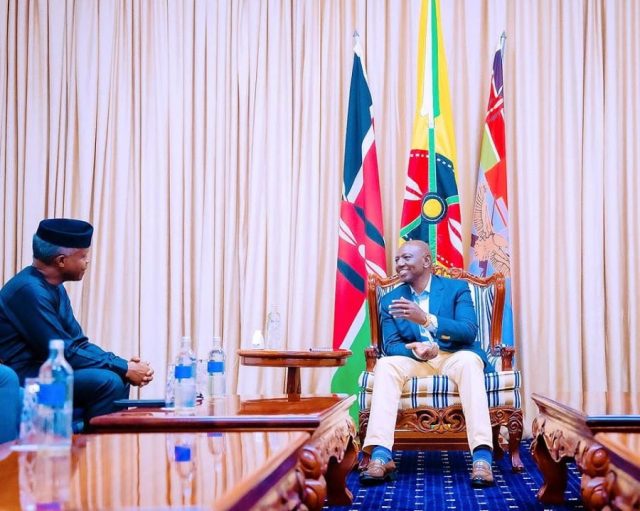 Vice President Yemi Osinbajo meets Kenyan President William Ruto at the country’s State House in Nairobi.