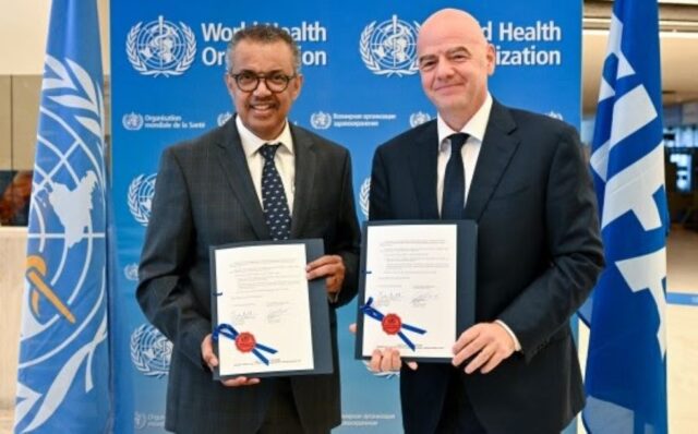 WHO Director-General Dr Tedros Adhanom Ghebreyesus and FIFA President Gianni Infantino sign new agreement in Geneva, Switzerland