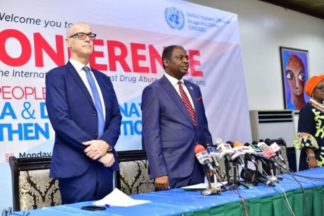 Brig. Gen. Mohamed Buba Marwa at the joint press briefing with UNODC Country Representative on Drugs and Crime, Mr. Oliver Stolpe