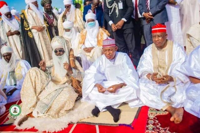 Governor Yusuf with His Royal highness the Emir of Kano, Alhaji Aminu Ado Bayero, at the Idi mosque of women in Kano city