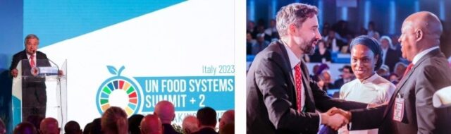 L-UN Secretary-General António Guterres delivering his opening remarks, R-Vice President Kashim Shettima at the Food Systems Summit in Rome