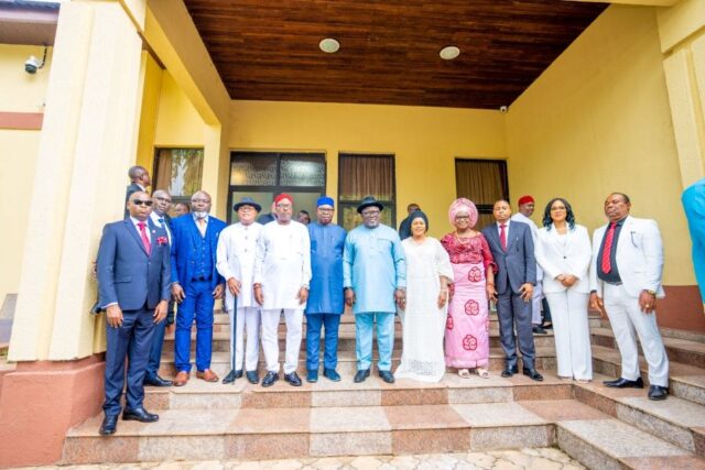 Oborevwori, his wife, Deaconess Tobore Oborevwori, Deputy Governor, Sir Monday Onyeme with the newly inaugurated Special Advisers to the Governor in Government House, Asaba on Thursday.