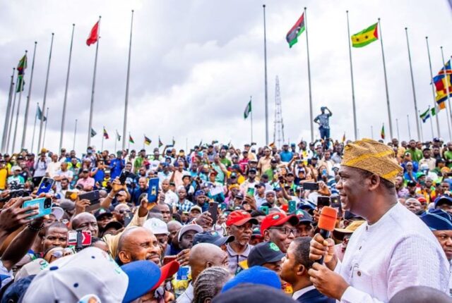 Dr. Kadri Obafemi Hamzat addressing Labour Unions during a demonstration held today at the gate of the Lagos State House of Assembly Complex