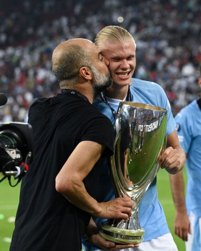 Pep celebrates with Haaland a hard won UEFA Super Cup victory