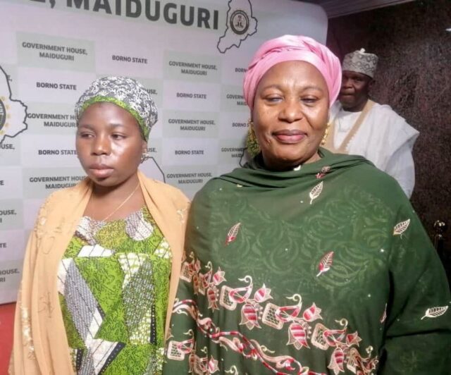 Rebecca Magu, left, at Borno State Government after her rescue recently