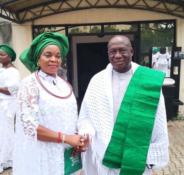 Senator Emmanuel Aguariavwodo with the President, Market Men and women Association, Delta State, Chief Mrs. Kate Onah