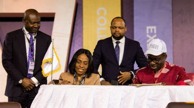Kanayo Awani, Afreximbank’s Executive Vice President, Intra-African Trade Bank, and Charles Soludo, Governor of Anambra State signing the MoU