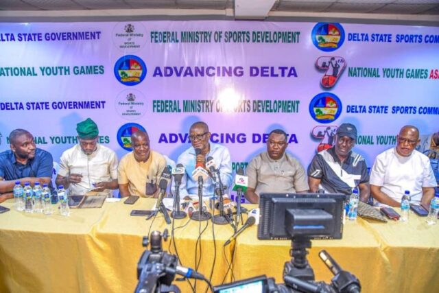 Minister of Sports Development, Senator John Owan Enoh during an interactive session with journalists in Asaba, Delta State