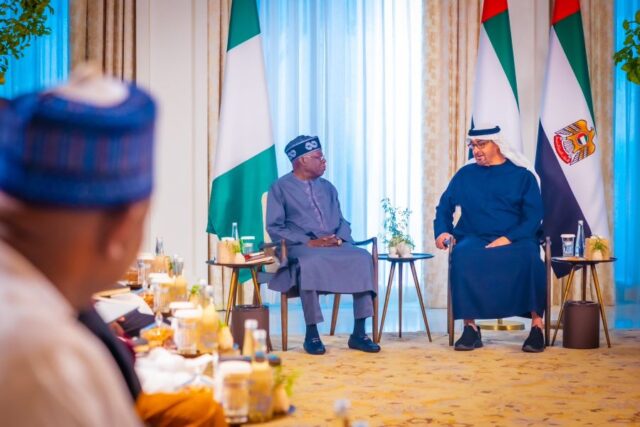 President Bola Ahmed Tinubu and President of the United Arab Emirates, Mohamed bin Zayed Al Nahyan on Monday in Abu Dhabi