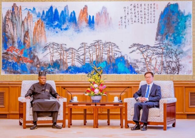 VP Shettima with the People's Republic of China's Vice President, Han Zheng, at the Diaoyutai State Guest House, Beijing.