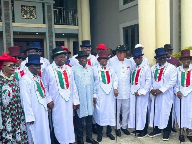 Former President Goodluck Jonathan with members of the PDP Bayelsa National Governorship Campaign Council