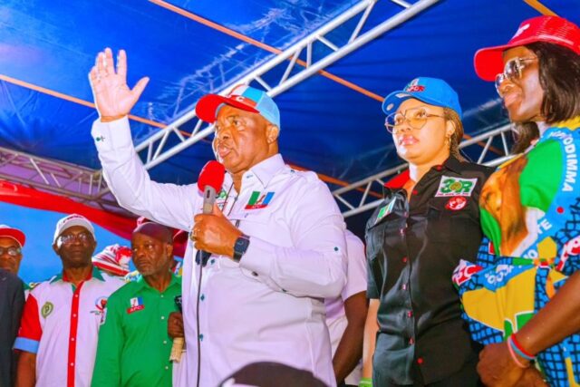 Hope Uzondinma campaign with wife, middle, in his Constituency, Orlu, Orsu, Oru East Federal Constituency