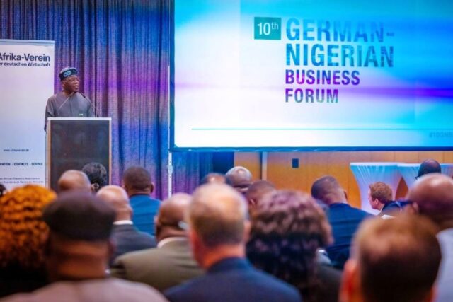 President Tinubu speaking in Berlin, Germany, at the 10th German-Nigerian Business Forum