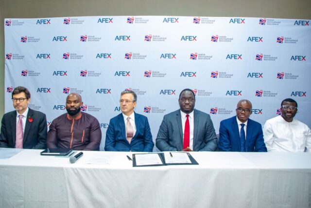 The signing of BII and AFEX’s new partnership took place today British Deputy High Commissioner in Lagos, Jonny Baxter, Chris Chijiutomi, Managing Director and Head of Africa BII, Nick O’Donohoe; Chief Executive Officer, British International Investment, Ayodeji Balogun, Chief Executive Officer, AFEX, Benson Adenuga, Head of Office and Coverage Director, Nigeria and Mobolaji Adeoye, Chairman AFEX