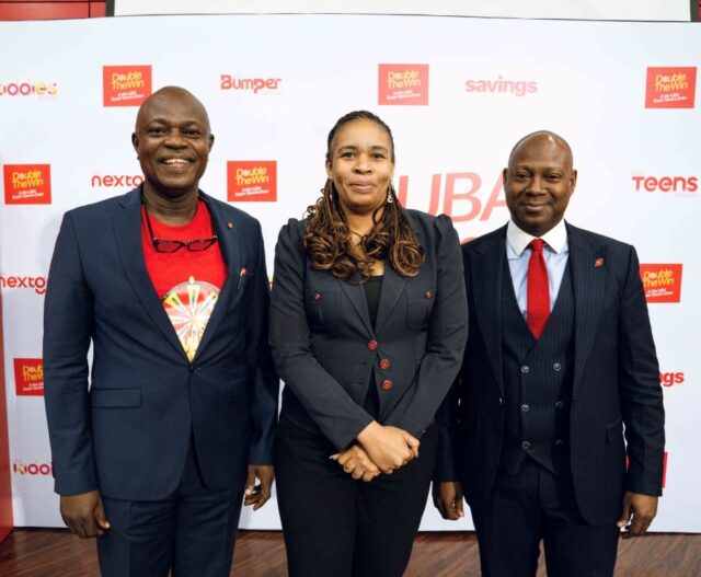 Prince Ayewoh, Alero Ladipo and Lateef Busari during the UBA Super Savers draw at the UBA House in Marina