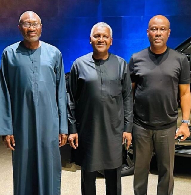 Billionaire philantropist and Executive Chairman of Geregu Power Plc, Femi Otedola, shared a photo of the banking genius Wigwe with Aliko Dangote