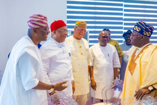 The President Tinubu receiving state governors and the leadership of the National Assembly in Lagos on Friday.