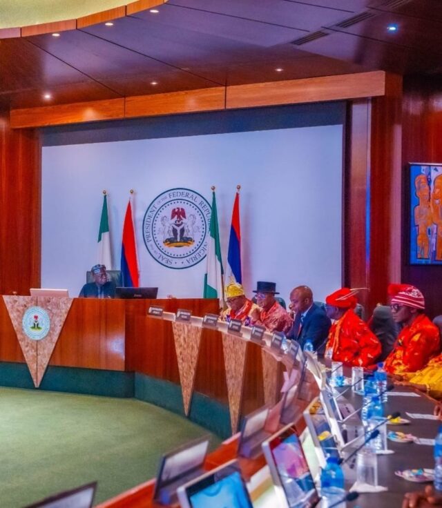 President Tinubu in a meeting with members of the Supreme Council of Traditional Rulers of Ogoni, Rivers State.