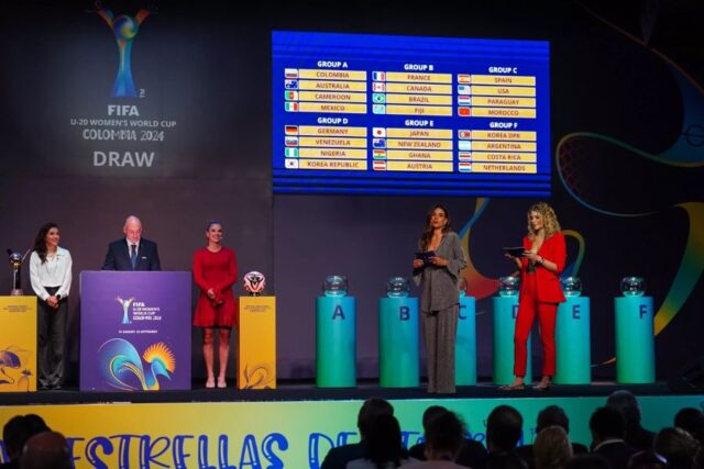 A view of the draw results during the during the group draw for the FIFA-U-20 Women's World-Cup Colombia 2024