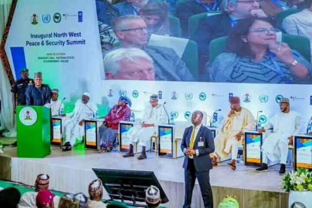Vice President Kashim Shettima delivering his speach at the Northwest peace, security summit