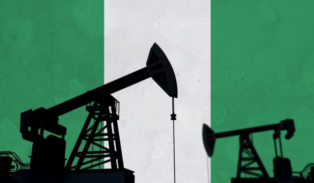 Oil pump silhouette against Nigeria flag