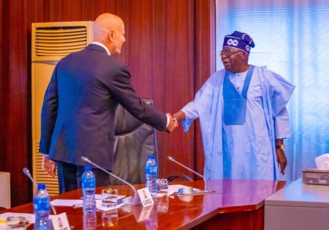 President Tinubu welcomes Eni's Chief Executive Officer, Mr. Claudio Descalzi, at the Presidential Villa