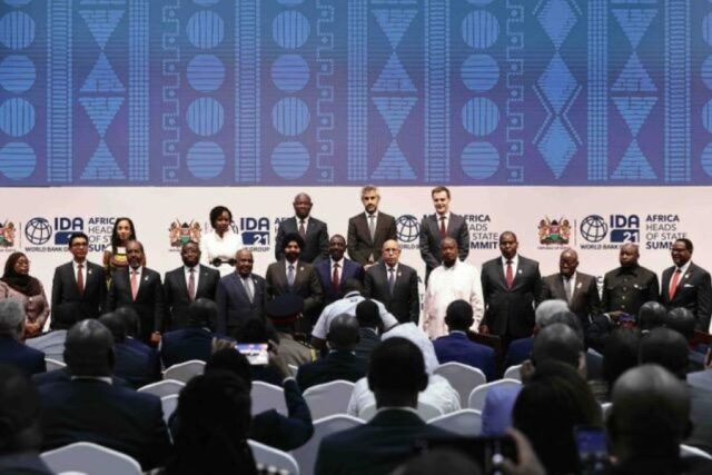 Bridgewater CEO Nir Bar Dea, Global Citizen CEO Hugh Evans and World Bank President Ajay Banga pictured with Heads of State from across Africa in April 2024.