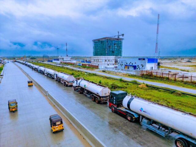 Trucks line up to load petrol from Dangote gantry