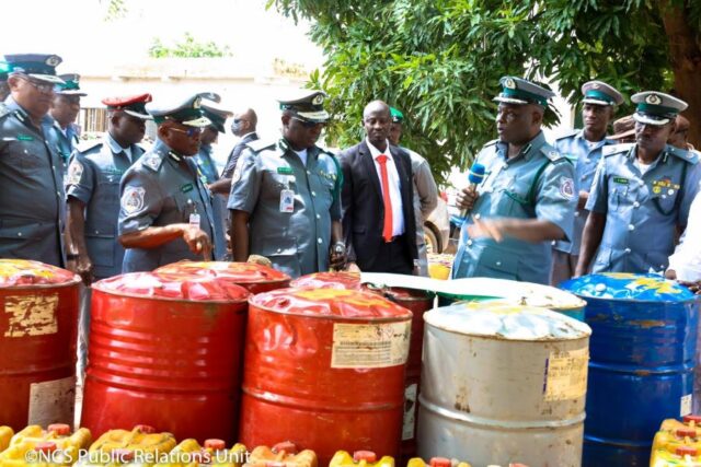 Drums of smuggled petrol siezed by the Customs command