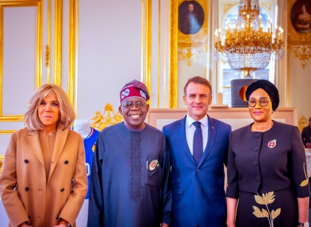 The French President, his wife and President Tinubu and wife in group photo