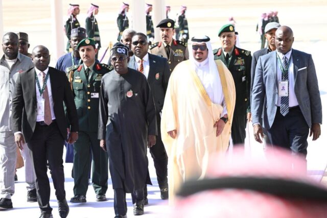 President Tinubu with the deputy governor of Riyadh Region, Prince Mohammed AbdulRahman bin Abdulaziz at King Abdulaziz International Airport.