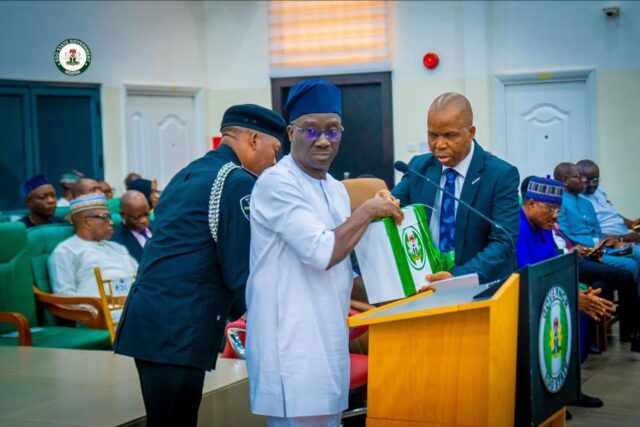 EDO State Governor Monday Okpebholo, presenting the 2025 appropriation Bill to the State House of Assembly