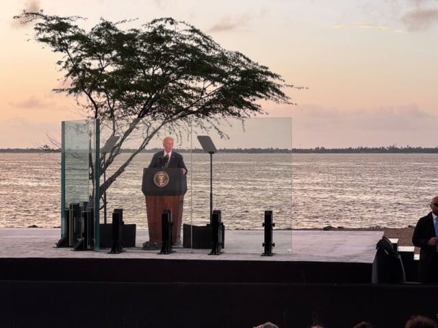 President Biden delivering remarks in front of the National Museum of Slavery in Angola