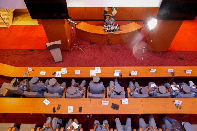 Bashir Adewale Adeniyi, Comptroller-General of Customs briefing the press